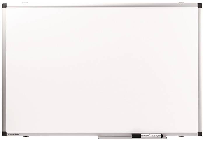 Leeres Whiteboard mit Aluminiumrahmen, Eckenkappen und einer Markierablage; keine Schrift oder Diagramme sichtbar.
