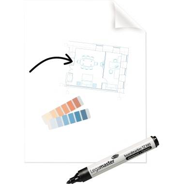 Weißes Blatt mit einer schwachen Grundrisszeichnung, einem schwarzen Pfeil, der darauf zeigt, Farbmuster darunter und einem Legamaster-Marker-Stift am unteren Rand.