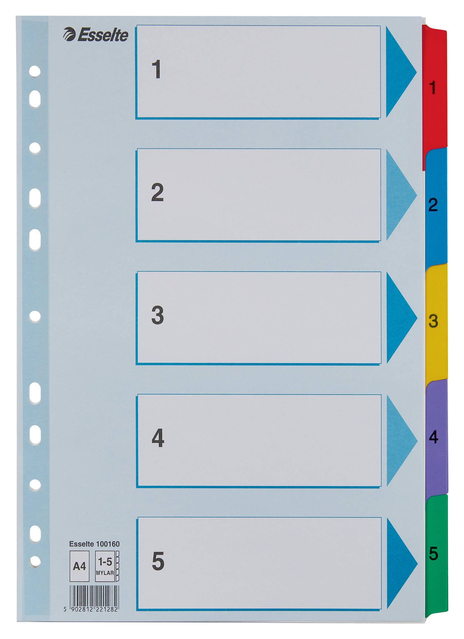 Esselte Fünf-Reiter-Register-Set mit nummerierten Reitern 1 bis 5 in Rot, Blau, Gelb, Lila und Grün.