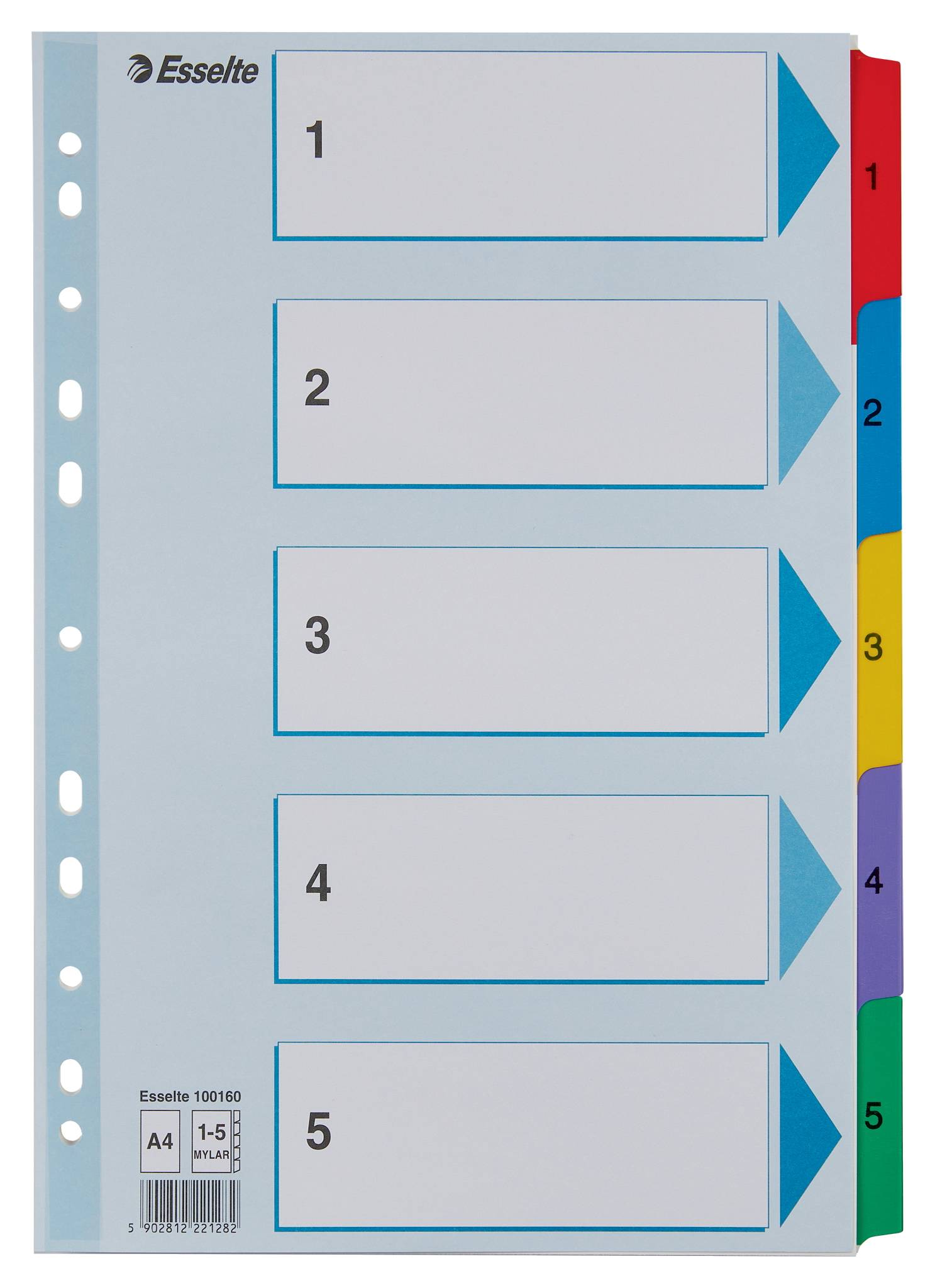 Esselte Fünf-Register-Trennblättersatz mit nummerierten Registern 1 bis 5 und leeren Beschriftungsfeldern zur Gliederung von Abschnitten.