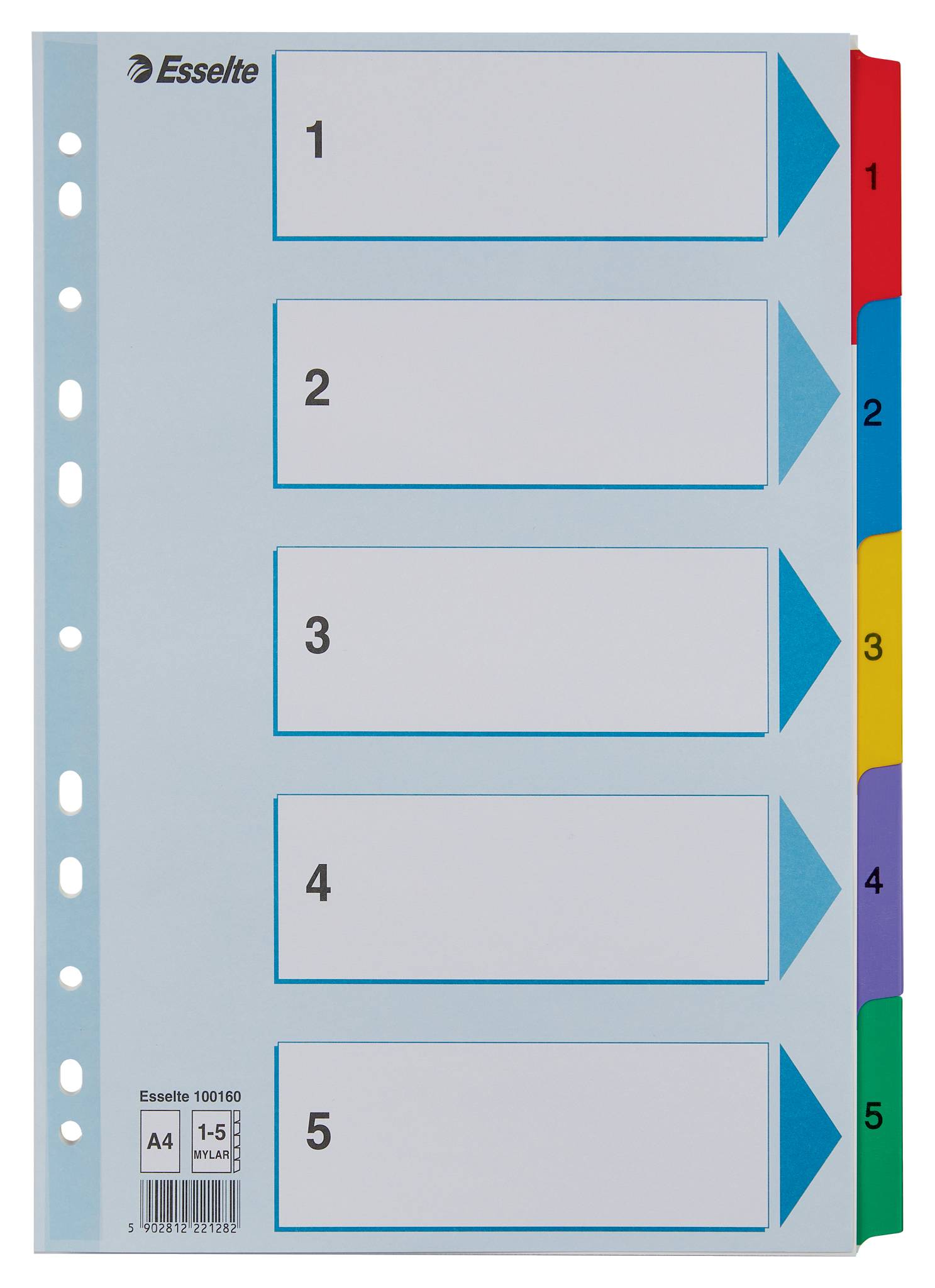 Fünfteiliger Karteiregister-Set mit nummerierten Reitern 1 bis 5, farbcodiert in Rot, Blau, Gelb, Lila und Grün, zur Dokumentenorganisation.