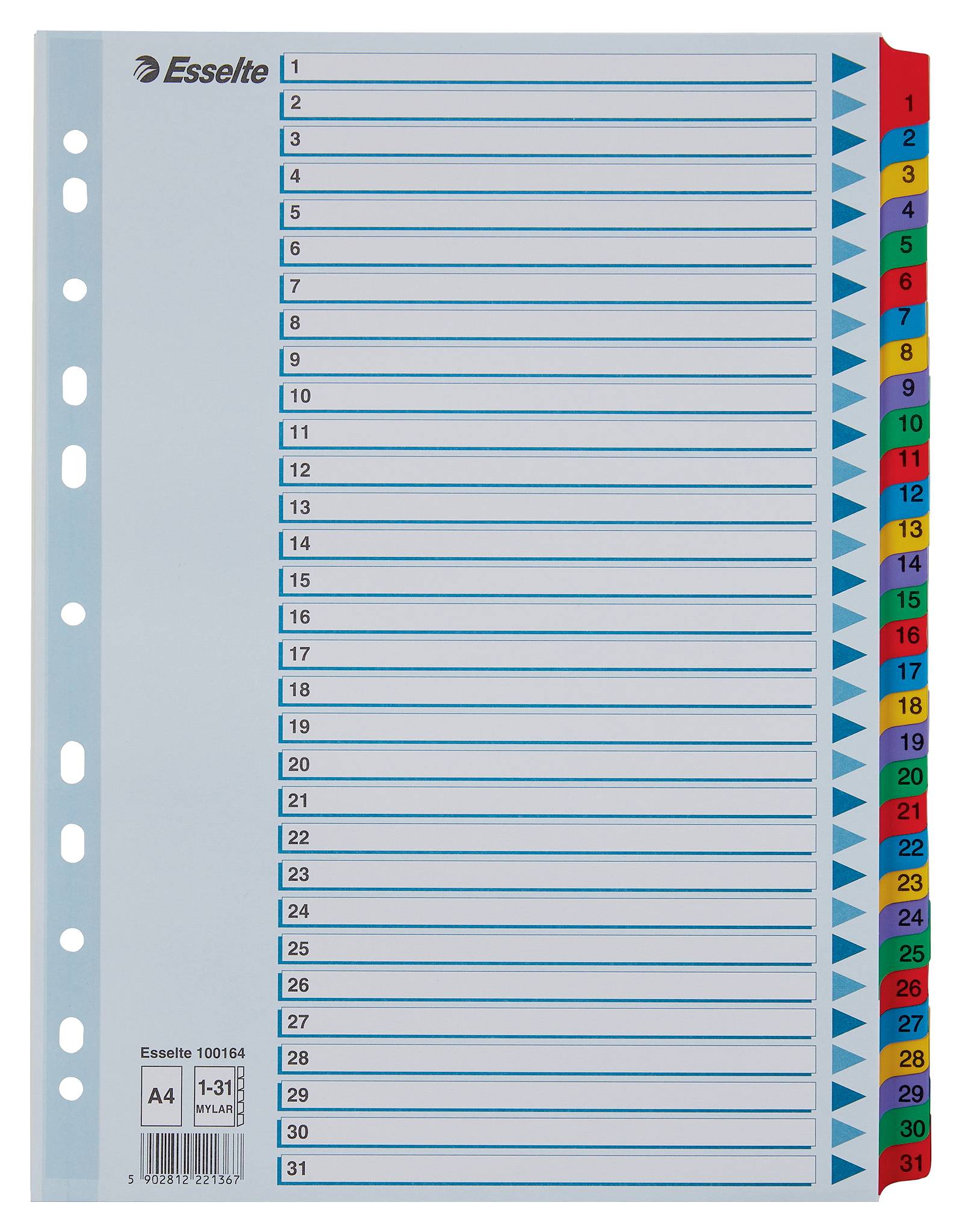 Essette A4-Ablageindexblatt mit nummerierten Registern 1 bis 31 und farbigen Seitenmarkierungen zur Dokumentenorganisation.