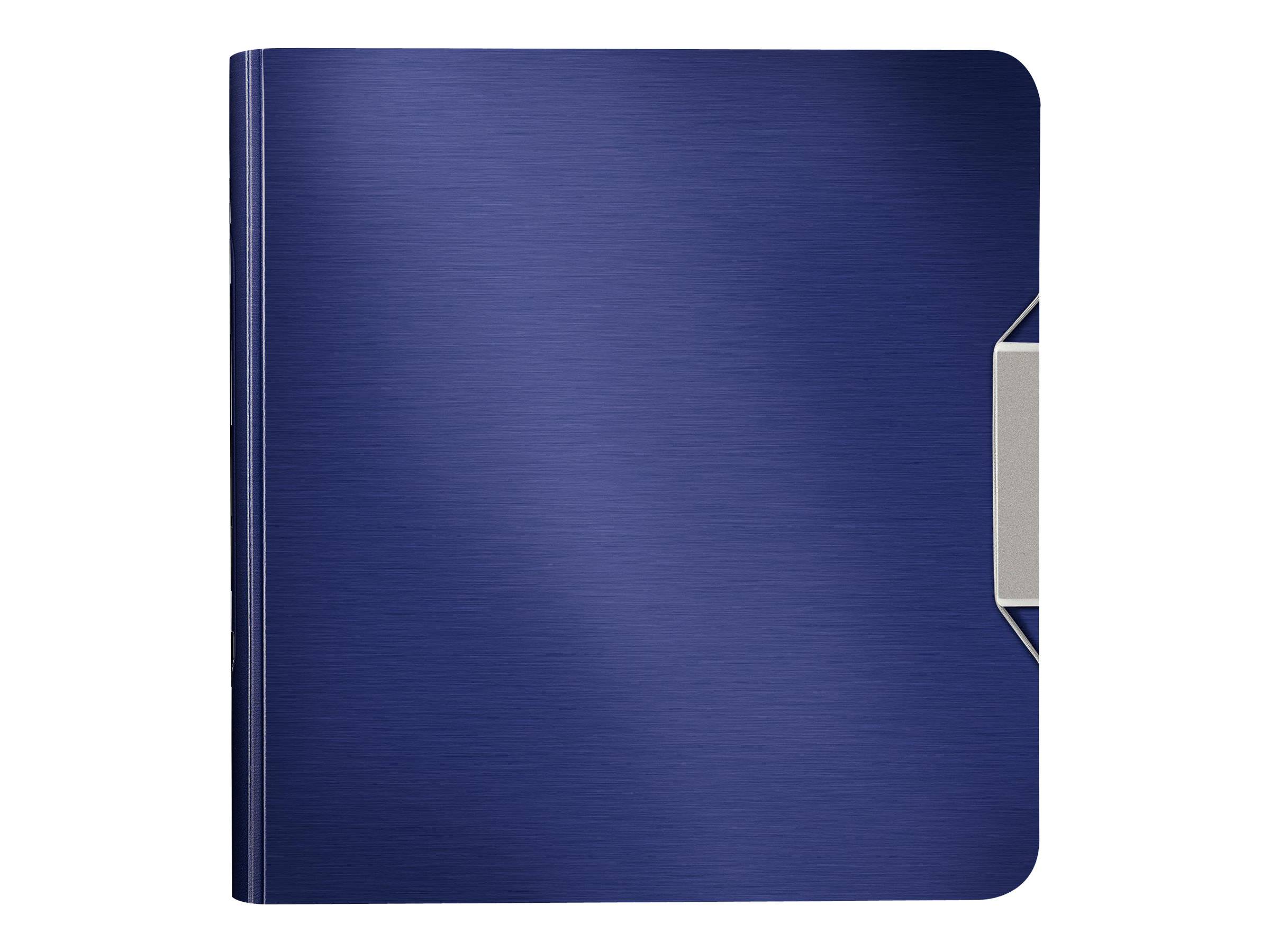 Blauer strukturierter Ordner oder Notizbuchcover mit einer Metallklammer an der rechten Kante, geschlossen auf weißem Hintergrund dargestellt.