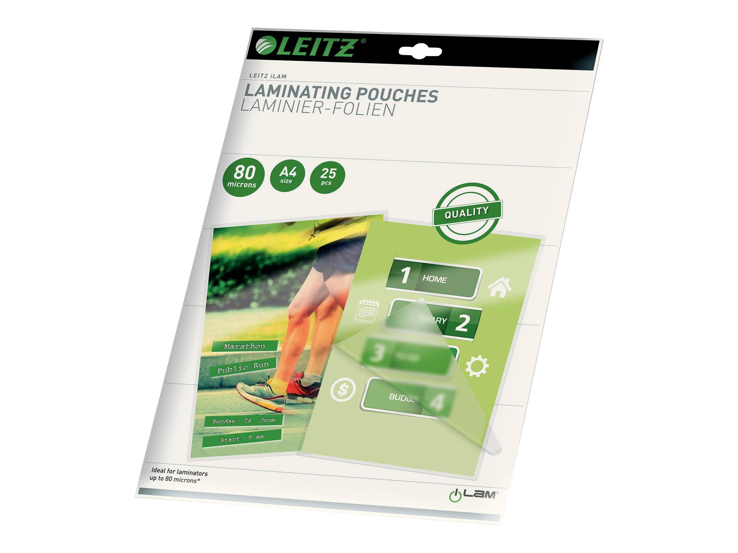 Leitz Laminierfolien Verpackung, zeigt A4-Format, 80 Mikron Dicke, 25 Stück, mit einem Musterbild eines laminierten Sportfotos auf der Vorderseite.