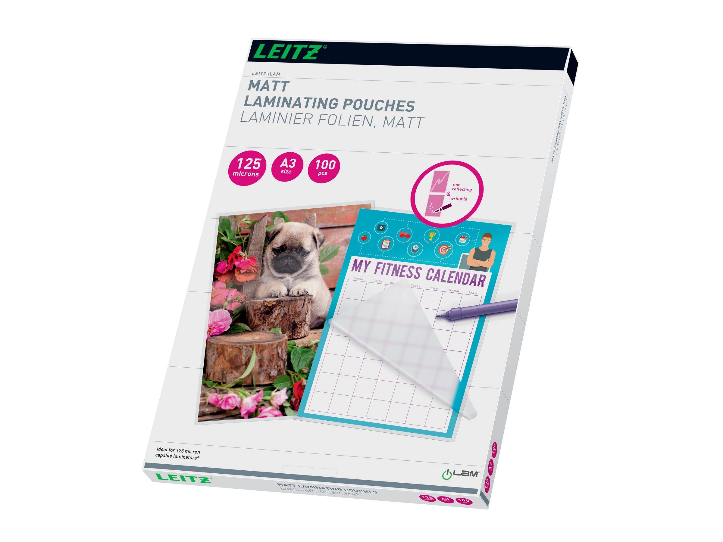 Leitz Laminierfolien matt Schachtel, A3-Format, 125 Mikron, 100 Stück, gezeigt mit einem Beispiel eines laminierten Fitnesskalenders und eines Haustierfoto