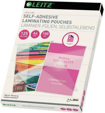 Leitz selbstklebende Laminierfolien Packung, A4, 125 Mikron, 100 Blatt, gezeigt mit einem rosa laminierten Dokumentbeispiel.