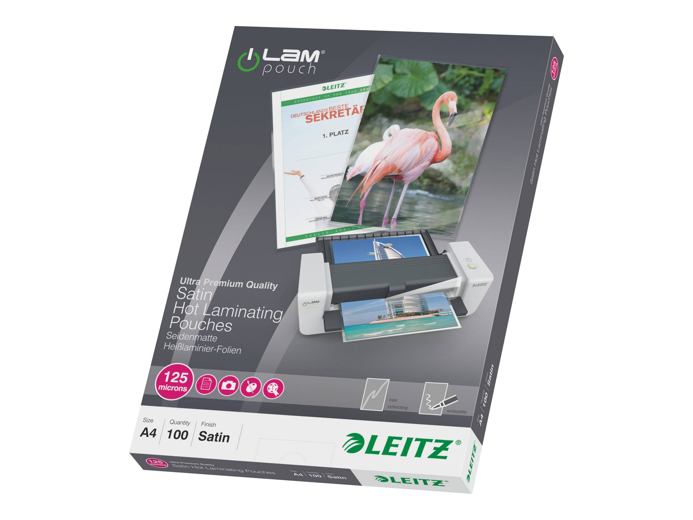 Leitz Lam Beutel für die Heißlaminierung – Laminierfolien in Originalverpackung mit Flamingo-Foto und Laminator-Abbildung, gekennzeichnet als A4, 125 Mikron, 100 Blatt, Satin-Finish.