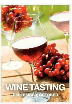 Weinverkostungsplakat mit zwei Gläsern Rotwein und Trauben auf einem Tisch, beschriftet mit „WEINVERKOSTUNG