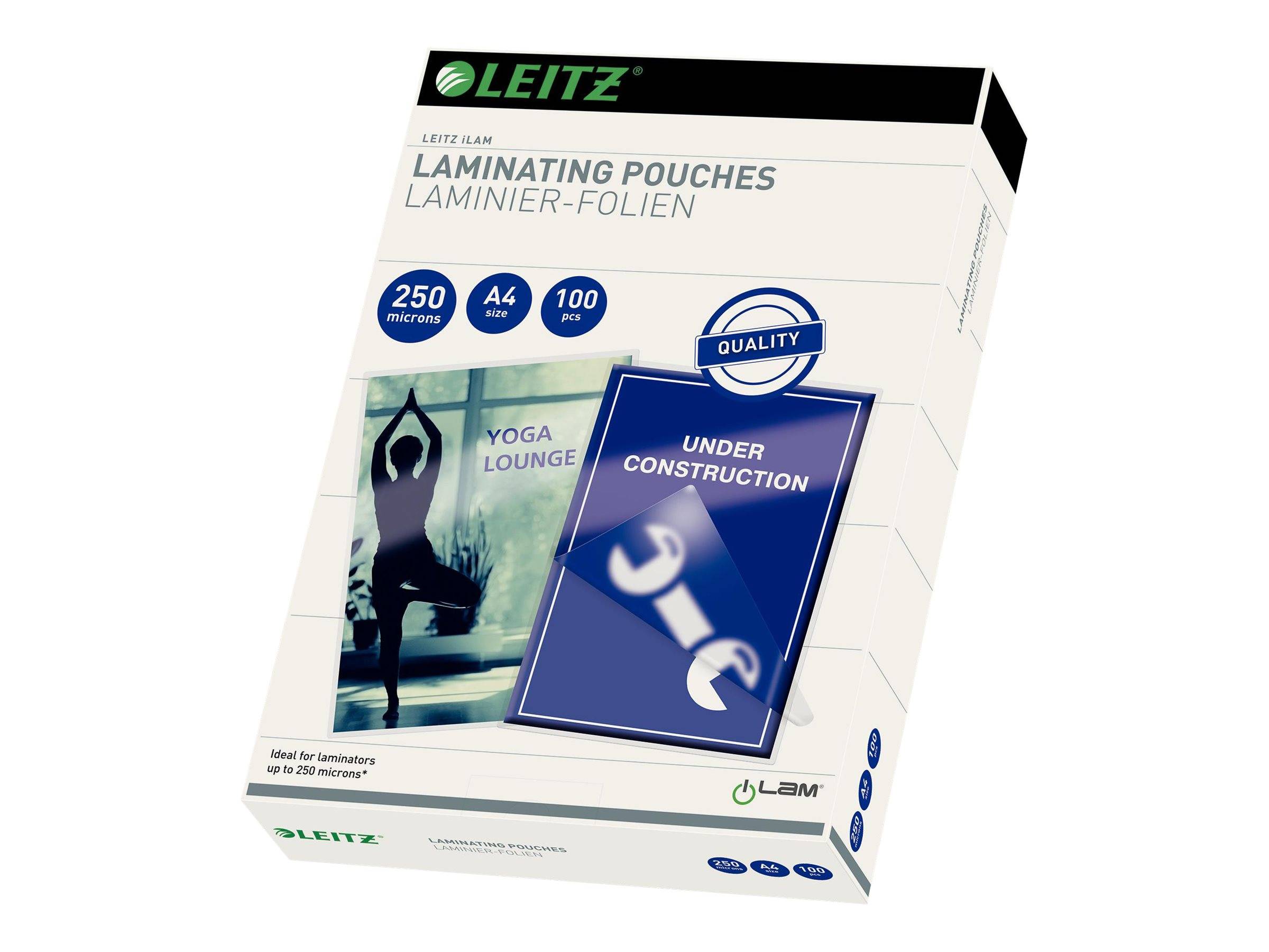 Schachtel mit LEITZ-Laminierfolien, Format A4, 100 Mikron, 250 Blatt, abgebildet mit Beispielen laminierter Schilder.