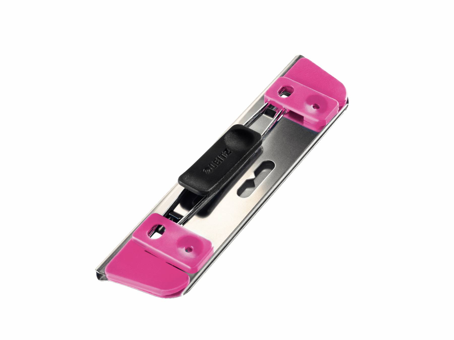 Ein rosa und silberner Metall-Clip oder Verschluss mit einem schwarzen zentralen Schieber, gezeigt auf weißem Hintergrund.