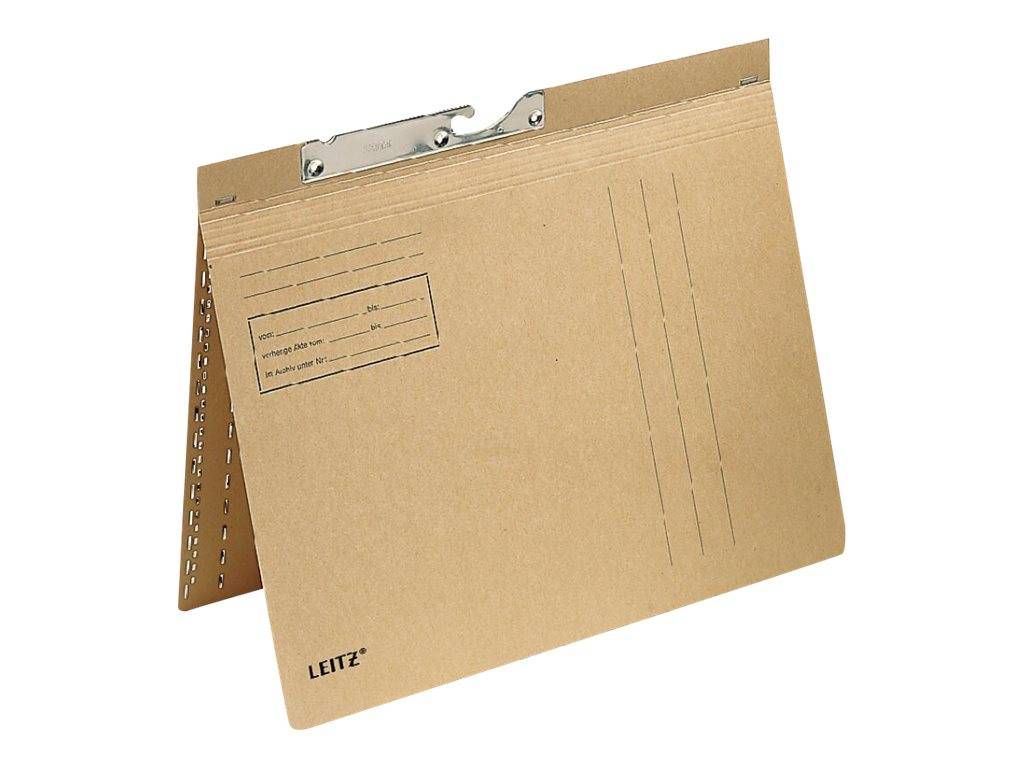 Ein braunes hängendes Ordnerblatt mit Metallklipp und Beschriftungsbereich, dargestellt auf weißem Hintergrund.
