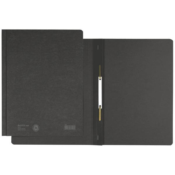 Offene schwarze Präsentationsmappe oder Portfolio mit zwei inneren Klappen und einem zentralen Verschlussmechanismus auf weißem Hintergrund