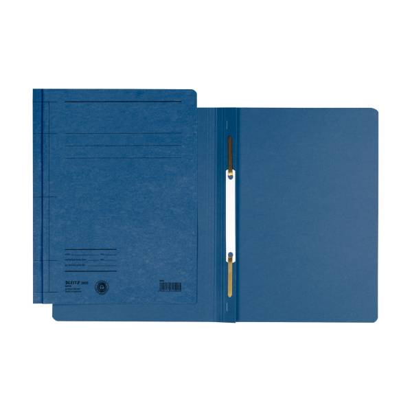 Blauer offener Ordner oder Ringbuch mit einer Metallschelle auf einem einfachen weißen Hintergrund.