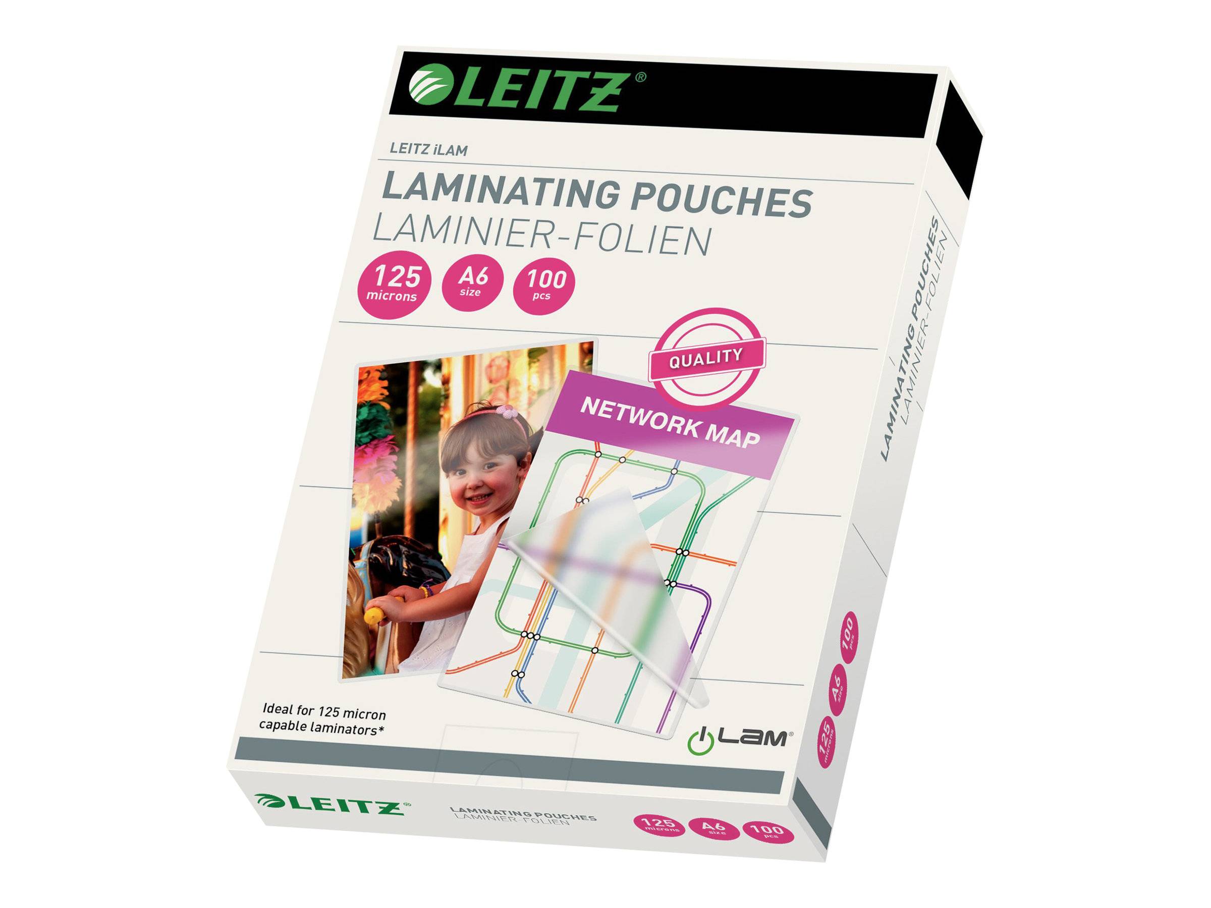 Leitz Laminierfolien-Box, gekennzeichnet A6, 125 Mikron, 100 Stück, mit einem Beispiel-Titelbild einer 'Netzwerkkarte'.