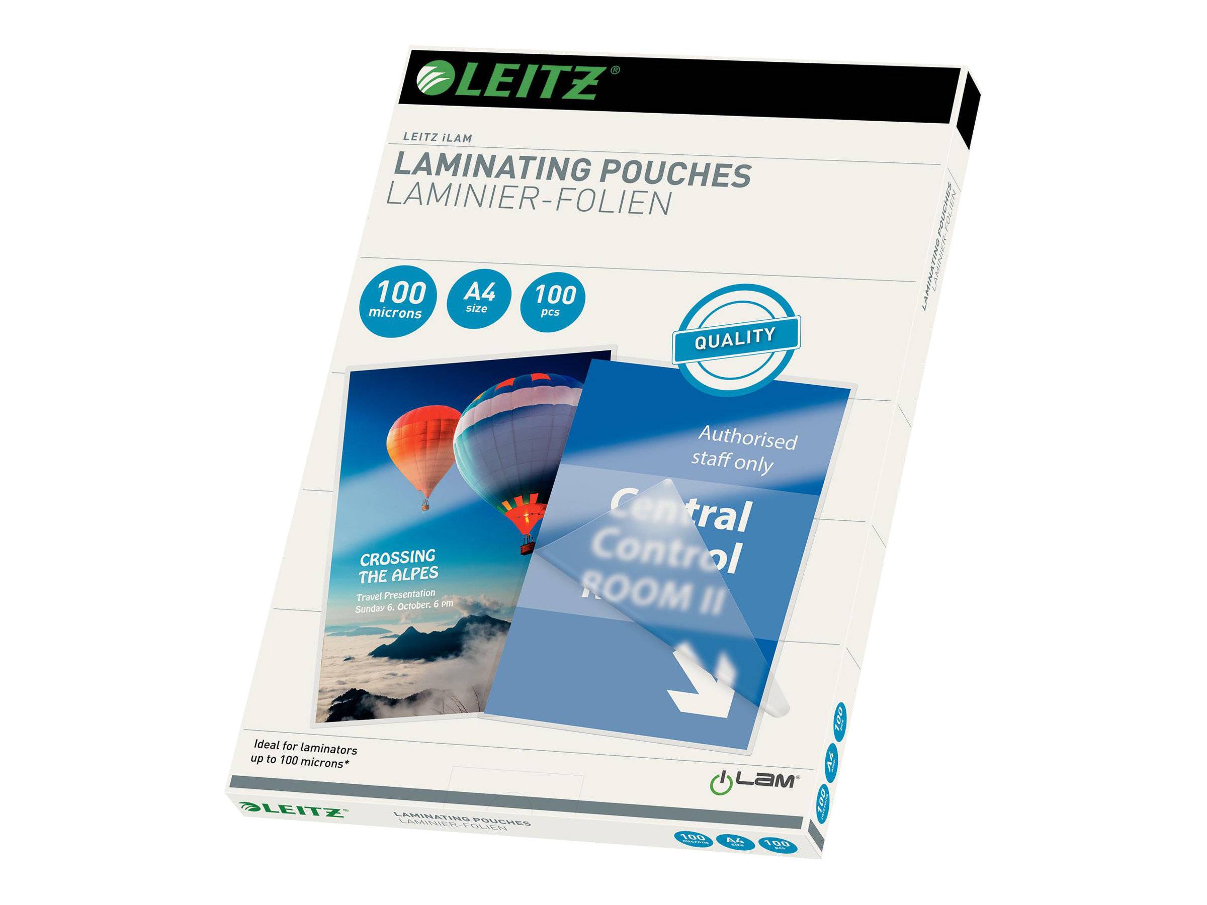 Leitz Laminierfolien Karton, gekennzeichnet mit 100 Mikrometern, A4-Format, 100er Pack, mit Beispielbildern von laminierten Dokumenten auf der Vorderseite.