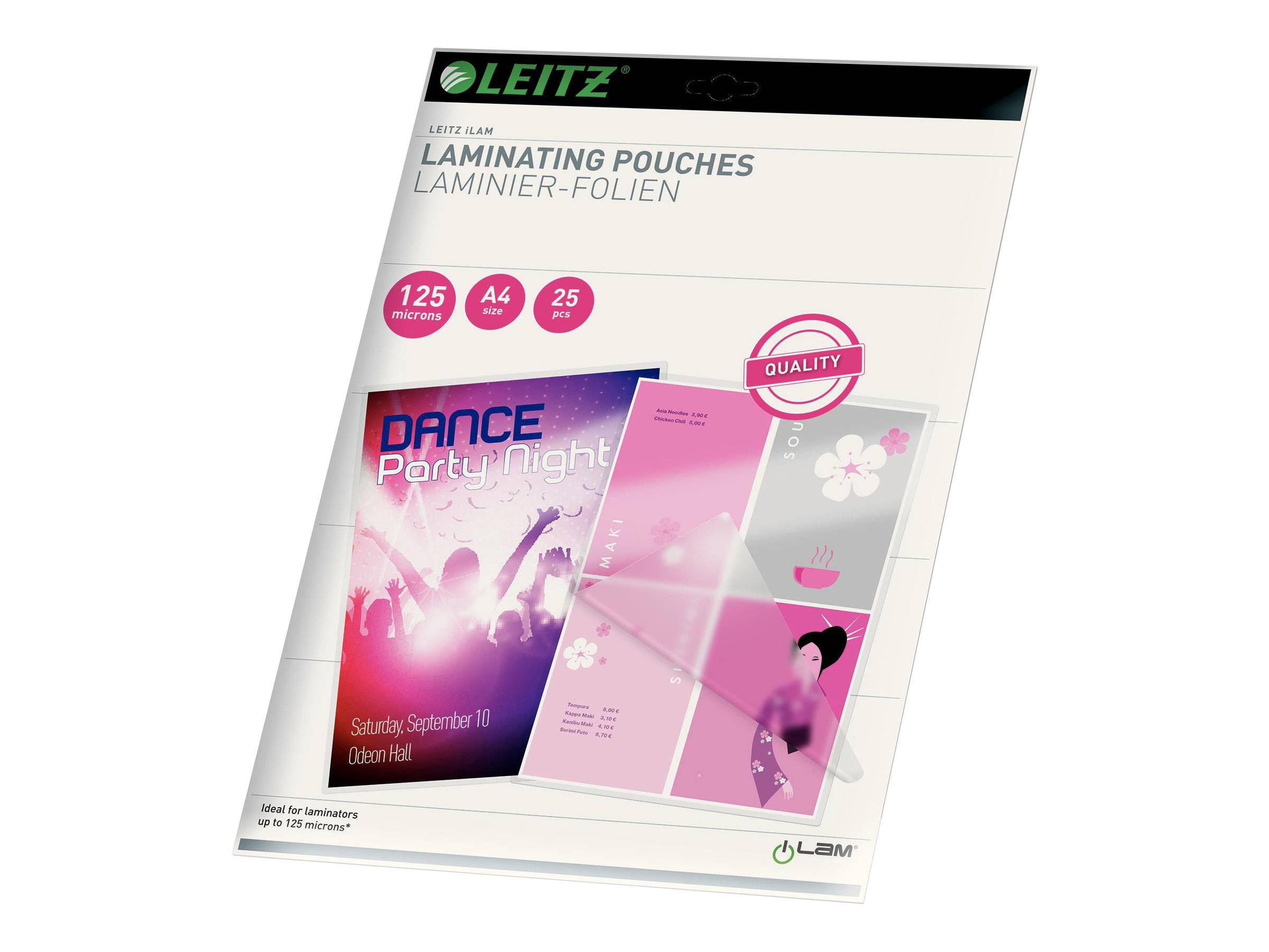 Packung Leitz-Laminierfolien, A4-Format und 125 Mikron, gezeigt mit Beispielen laminierter Partyflyer-Designs.