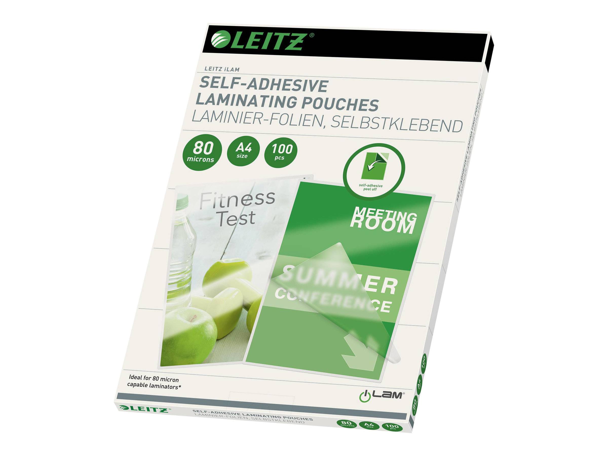 Leitz selbstklebende Laminierfolien-Beutel für A4-Dokumente, 80 Mikron, 100 Stück.
