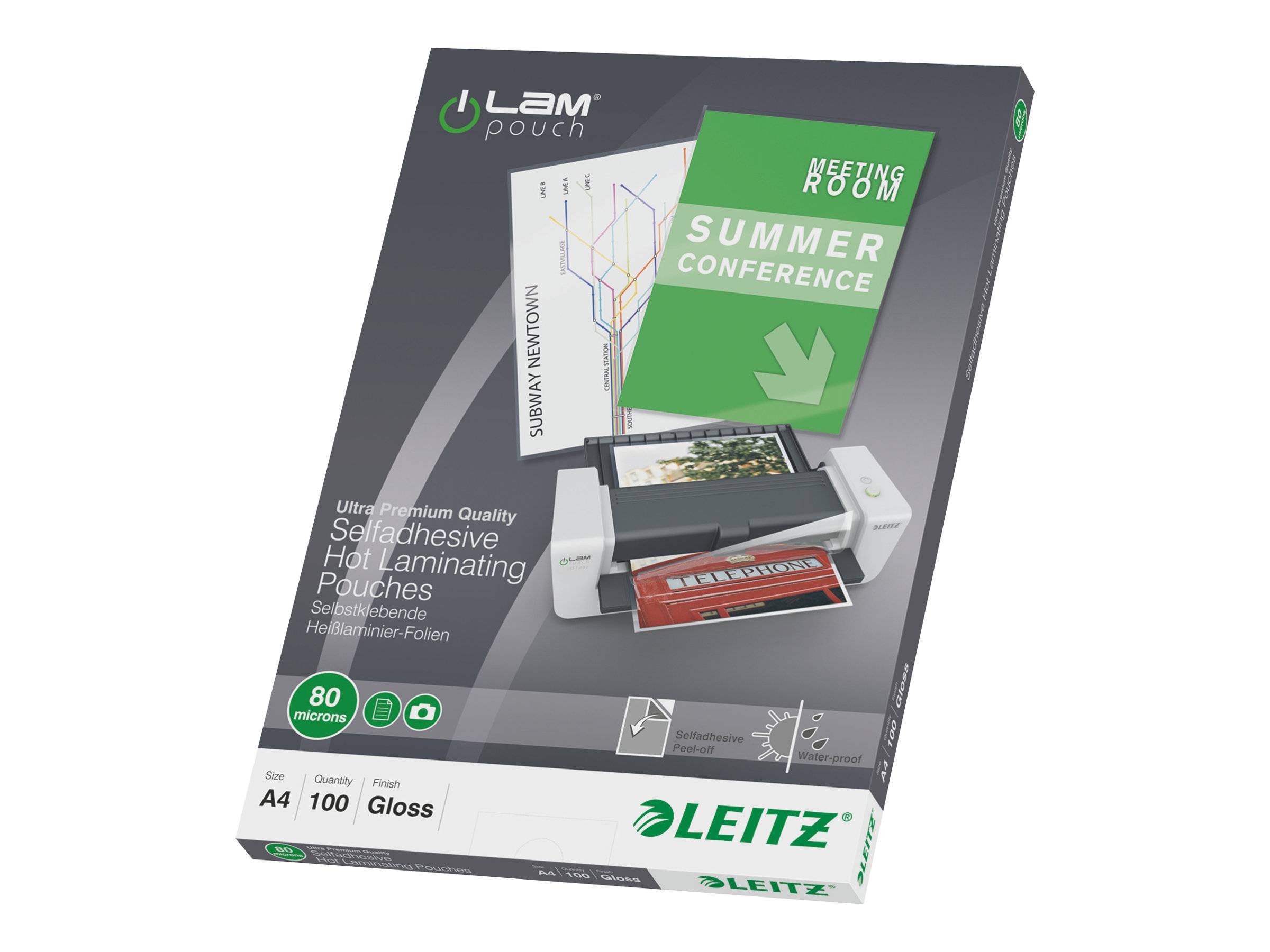 Packung Leitz Lam selbstklebende Heißlaminierfolien, A4 100er Pack, Hochglanzfinish, mit Musterdokument und Laminator-Abbildung.