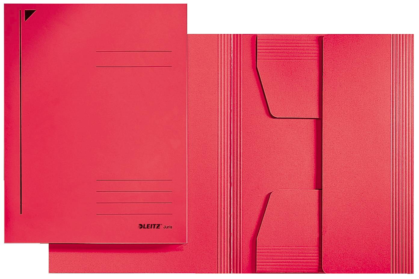 Roter Leitz-Ordner und Dokumentenmappe mit Taschen und beschrifteten Registern, geschlossen auf weißem Hintergrund dargestellt.