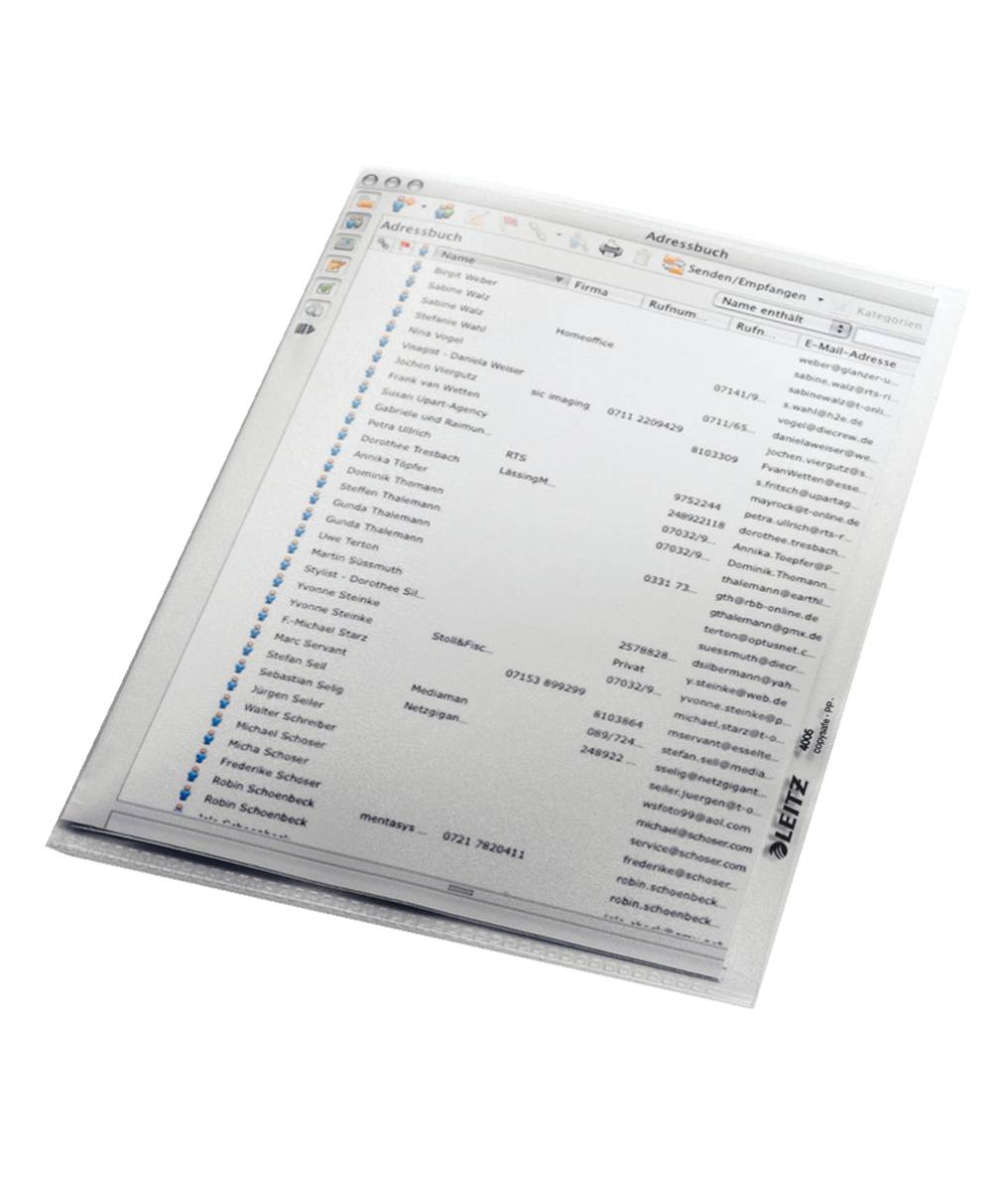 Ein durchscheinendes Adressbuch oder eine Kontaktliste mit alphabetisch sortierten Einträgen, die auf einer computerähnlichen Seite angezeigt werden.