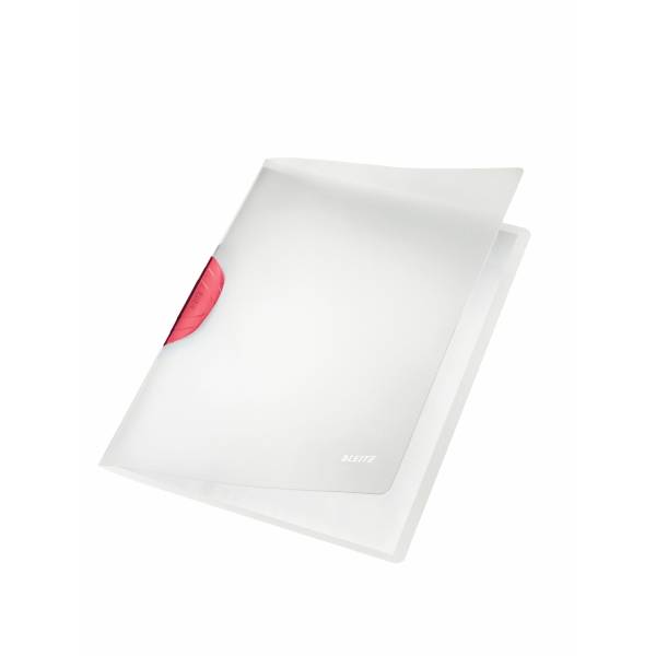 Weißer transparenter Dokumentenordner mit einer rosa kreisförmigen Registerkarte auf der linken Seite, gezeigt vor einem einfachen weißen Hintergrund.