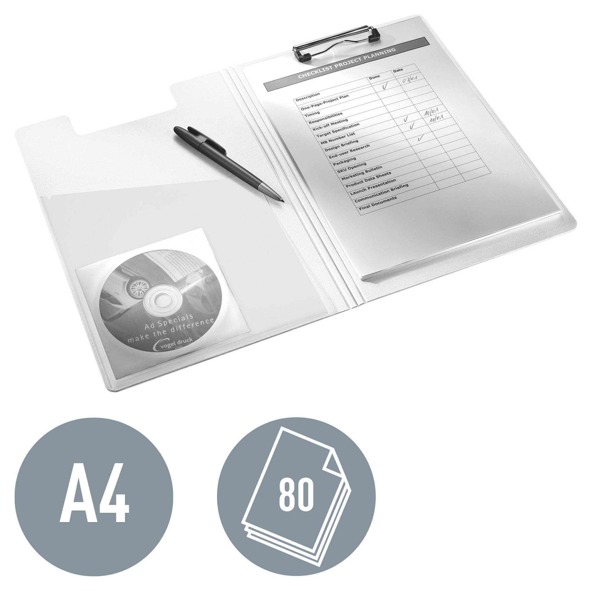 Ordner mit ausgeschnittenem Berichtblatt und Stift öffnen, plus A4- und 80-Blatt-Kapazitätssymbole