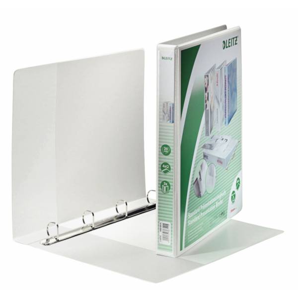 Weißer Ordner mit grüner Leitz-Verpackung neben einem offenen leeren Ringbinder auf weißem Hintergrund.