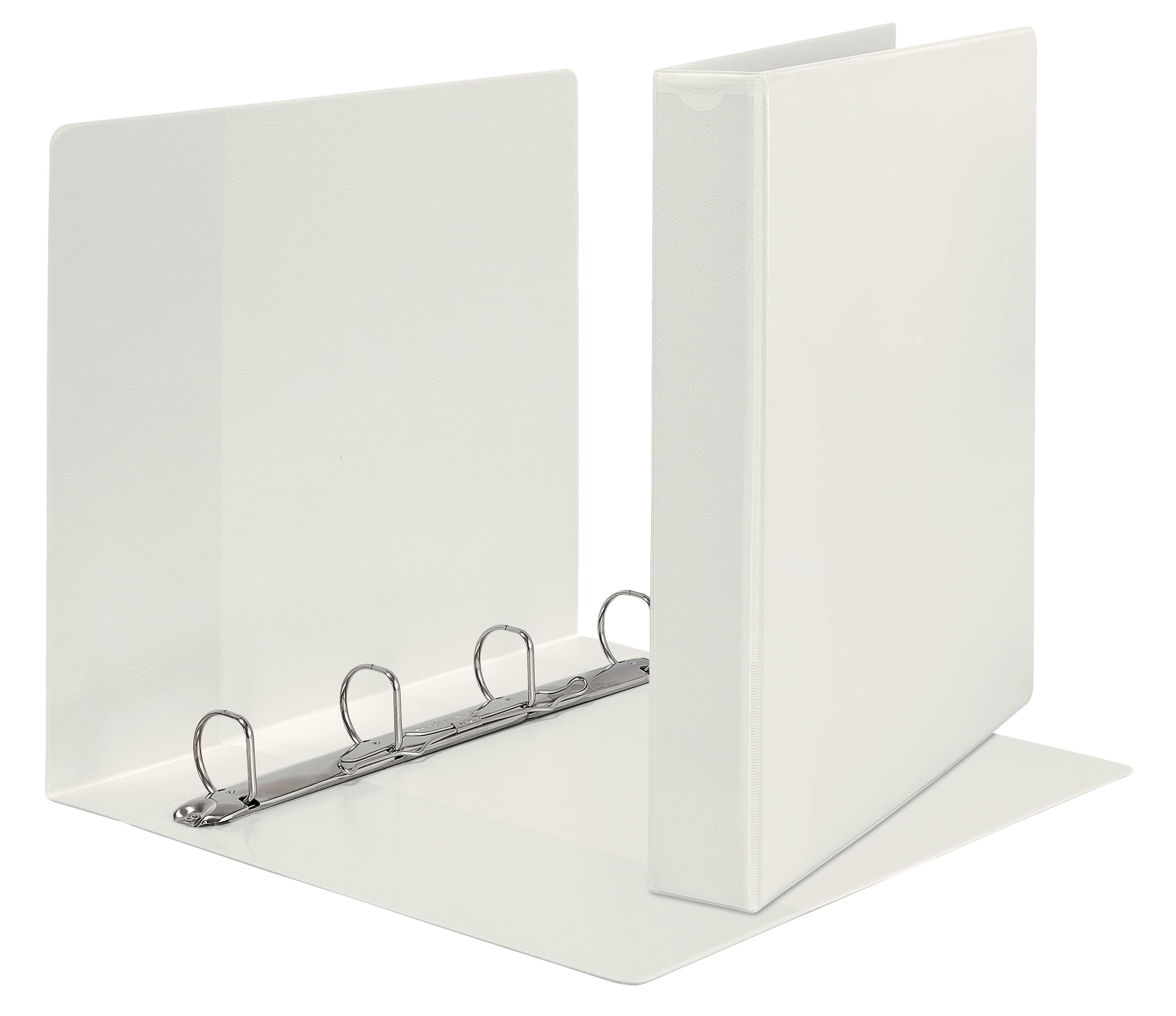 Weißer Ringbinder mit drei Ringen, offen dargestellt, zeigt Metallringe und leere Umschlagseiten auf schwarzem Hintergrund.
