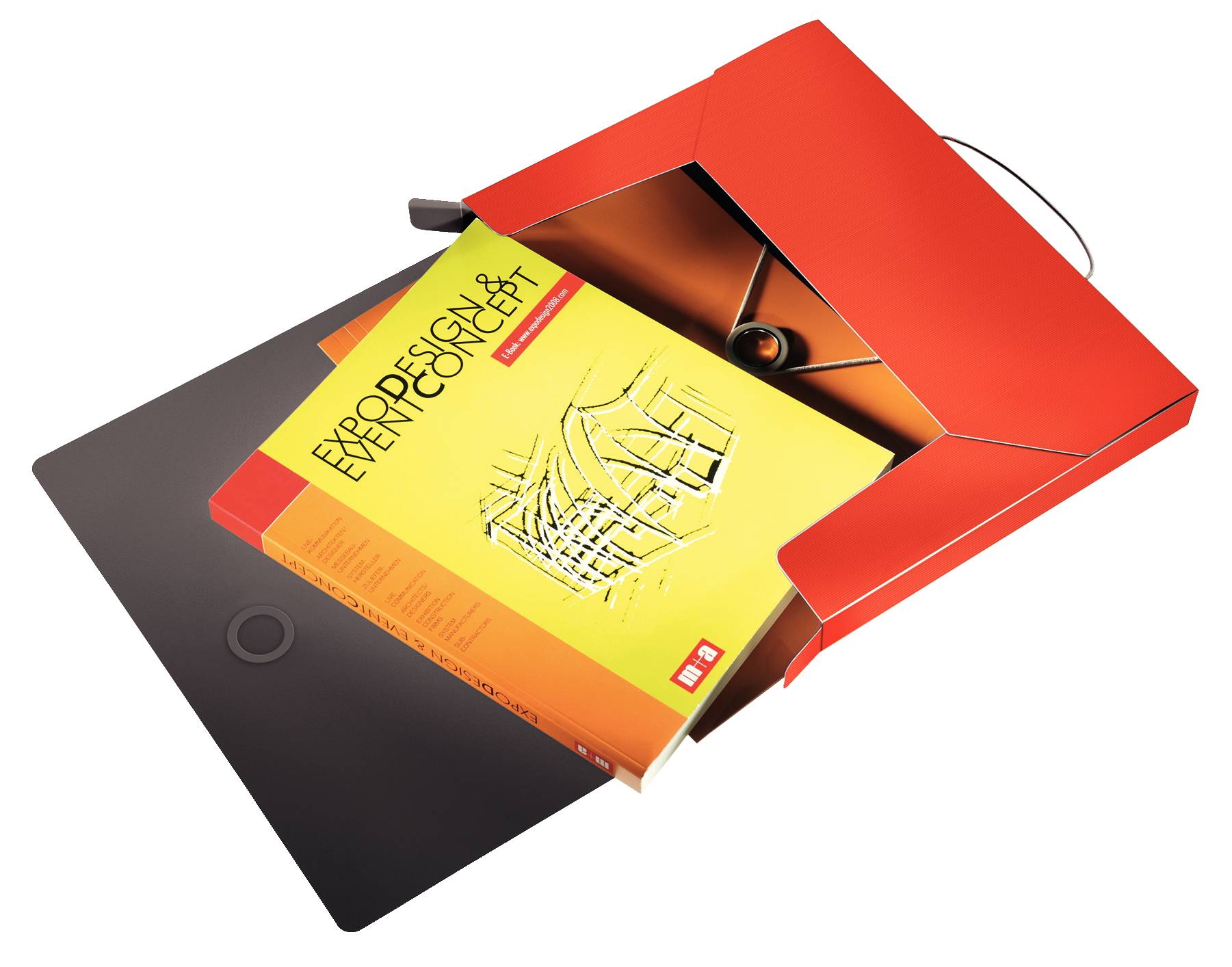 Roter Ordner mit einem gelben Booklet „EXPOSED DESIGN CONCEPT