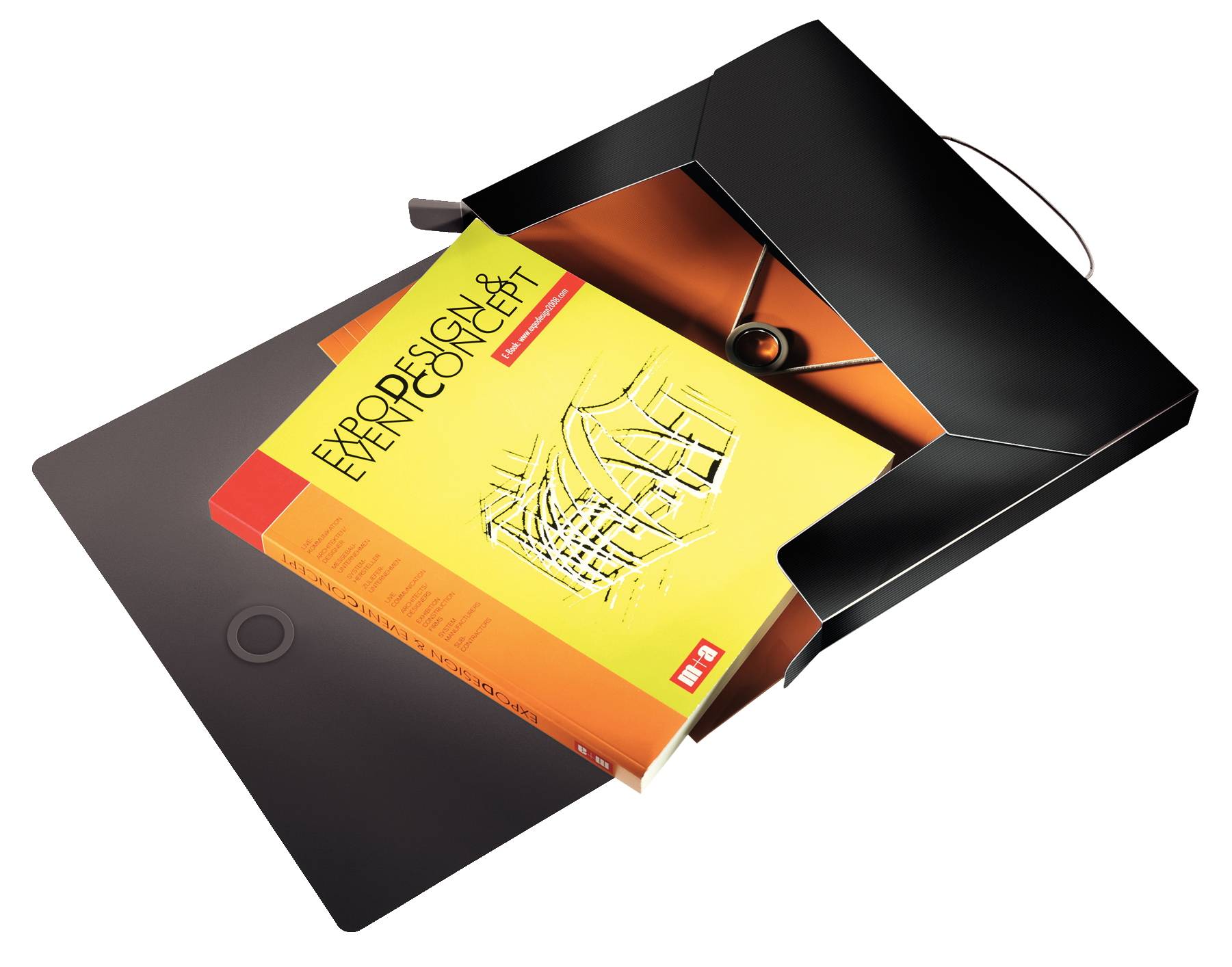Schwarze Präsentationsmappenmappe mit einem gelben Designbuch mit dem Titel 