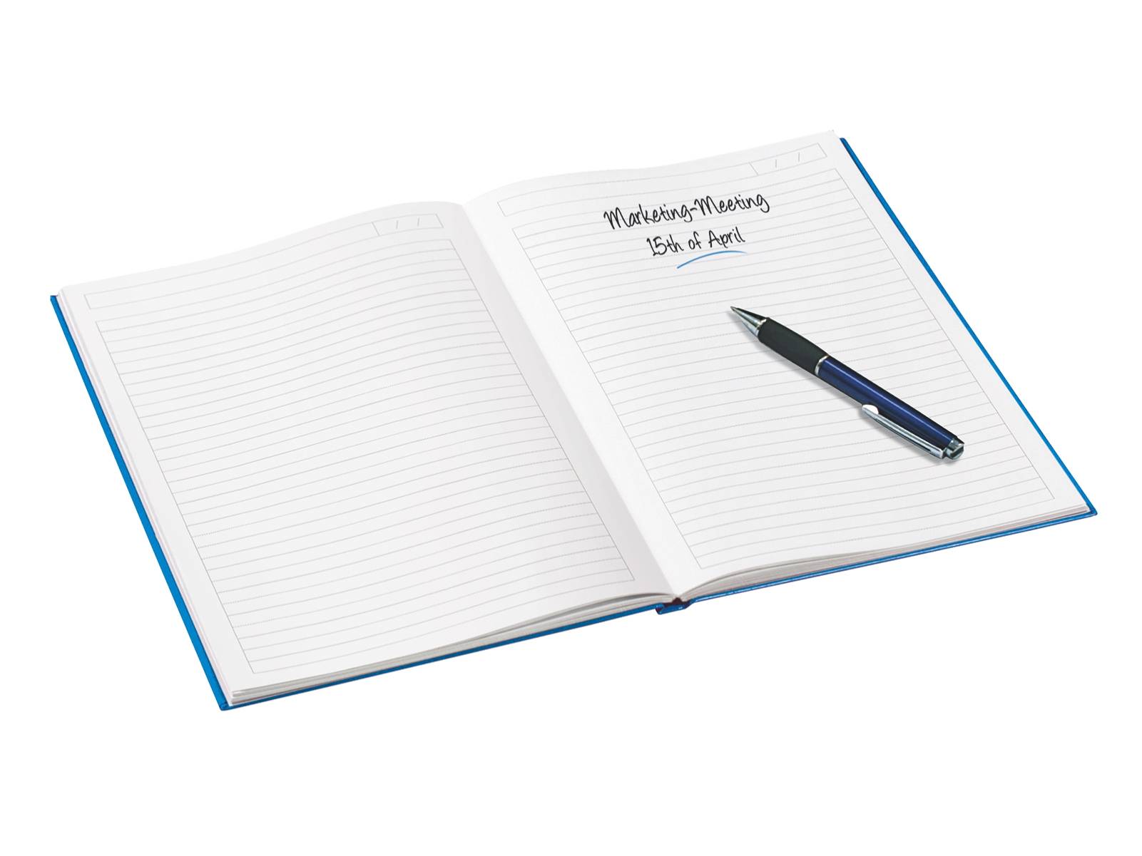 Offenes liniertes Notizbuch mit einem Stift auf der rechten Seite und handgeschriebener Notiz, die lautet „Marketing-Treffen 15. April
