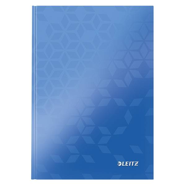 Blauer Leitz-Ordner oder Notizbuch-Einband mit subtlem geometrischem Sechseck-Muster und Logo unten rechts.
