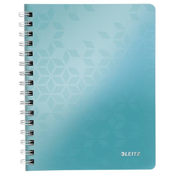 Türkisfarbenes spiralgebundenes Notizbuch mit geometrischem Muster und Leitz-Logo auf dem Umschlag.