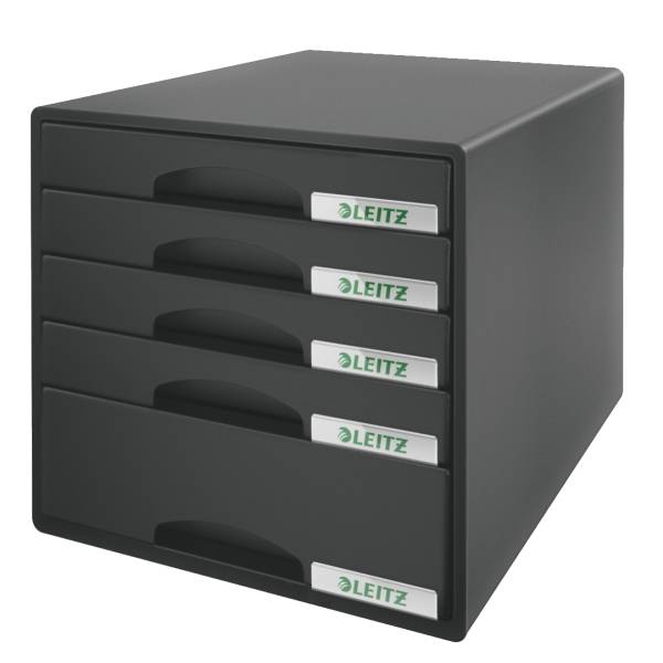 Schwarzer Fünf-Schubladen-Schreibtischorganizer mit LEITZ-Etiketten auf jeder Schublade.