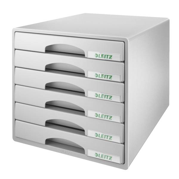 Weißer Leitz-Schreibtisch-Aktenorganizer mit sechs ausziehbaren Schubladen zum Aufbewahren von Dokumenten.