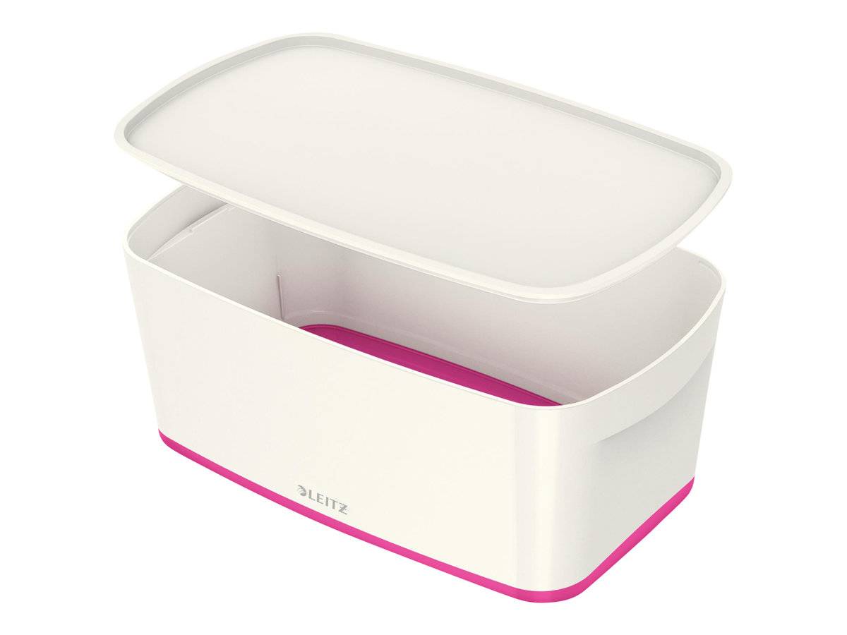 Weiße rechteckige Aufbewahrungsbox mit Deckel, mit rosa Akzentband und Innenseite Trennwand.