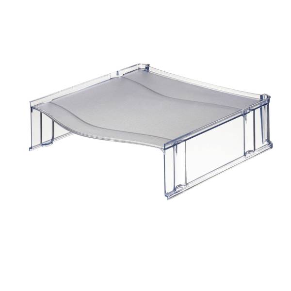 Transparenter Acryl-Monitorständer mit einer gebogenen grauen Oberfläche, dargestellt auf weißem Hintergrund.
