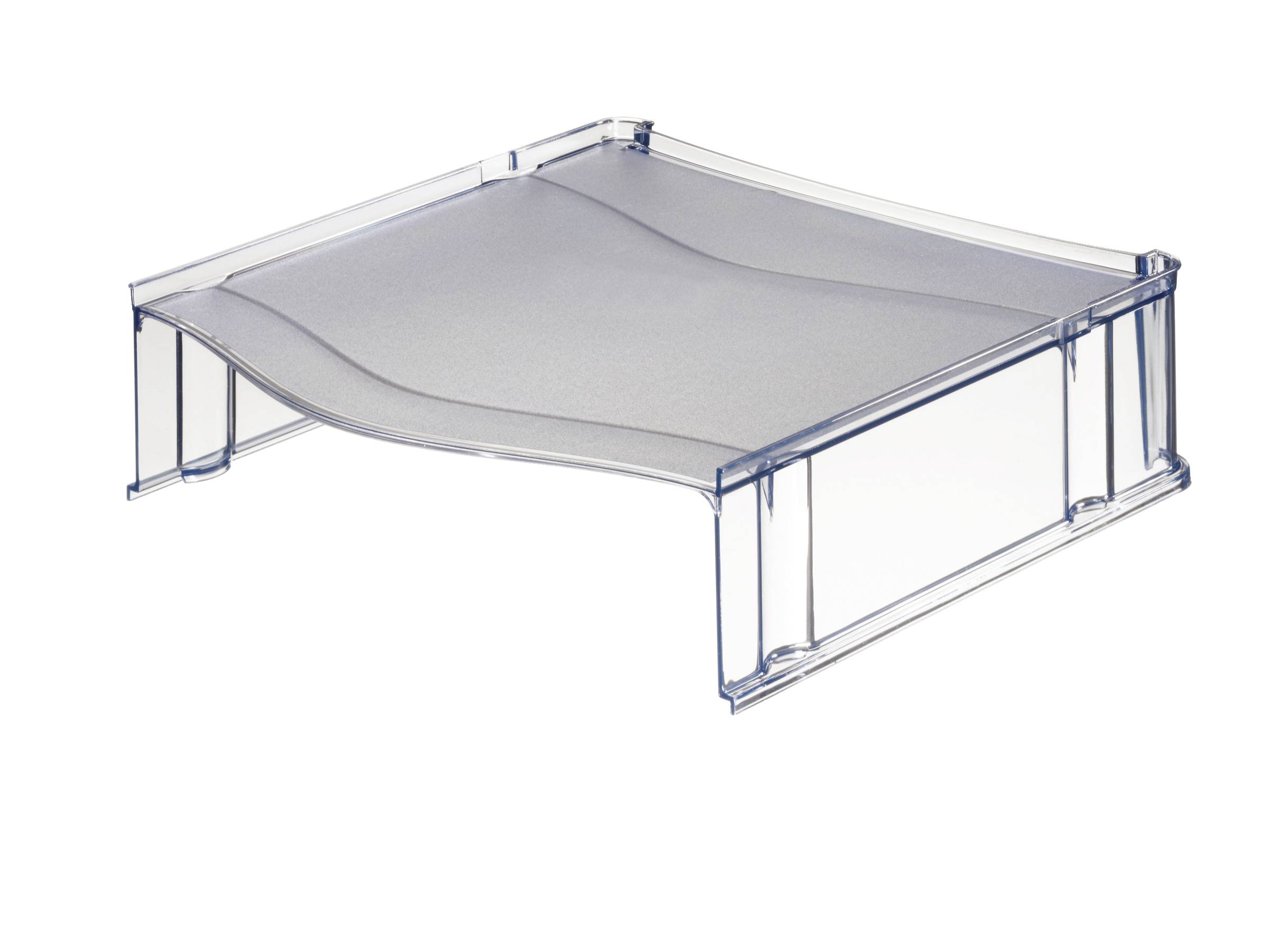 Transparente Plattform mit Erheber aus Kunststoff mit gekrümmter Oberseite und vier durchsichtigen Stützen, gezeigt auf weißem Hintergrund.