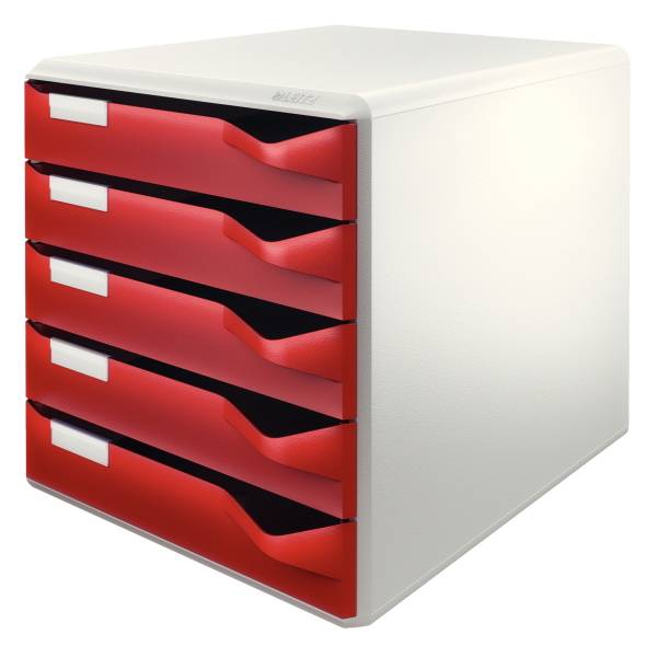 Weiße Schreibtisch-Aktenschrank mit fünf roten Schubladen zum Ausziehen und Etikettenplätzen, in einer Winkelansicht auf weißem Hintergrund dargestellt.