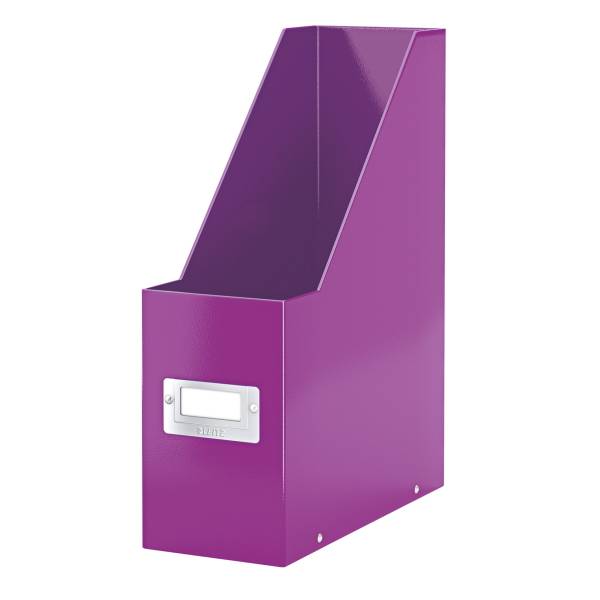 Violette Magazin-Organisierbox mit Frontschild und geneigter offener Oberseite zum aufrechten Lagern von Dokumenten.