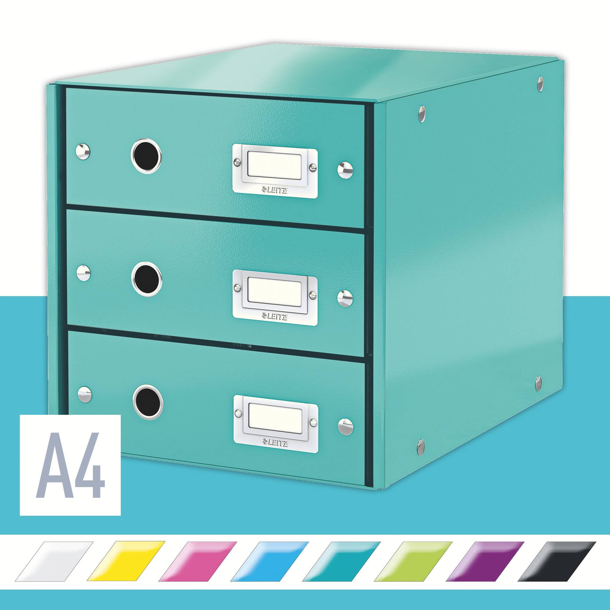 Teal Schreibtisch-Aufbewahrungsbox mit drei Schubladen, Etikettenhaltern und runden Grifflöchern, gezeigt mit A4-Größenindikator und Farboptionen-Farbmustern.