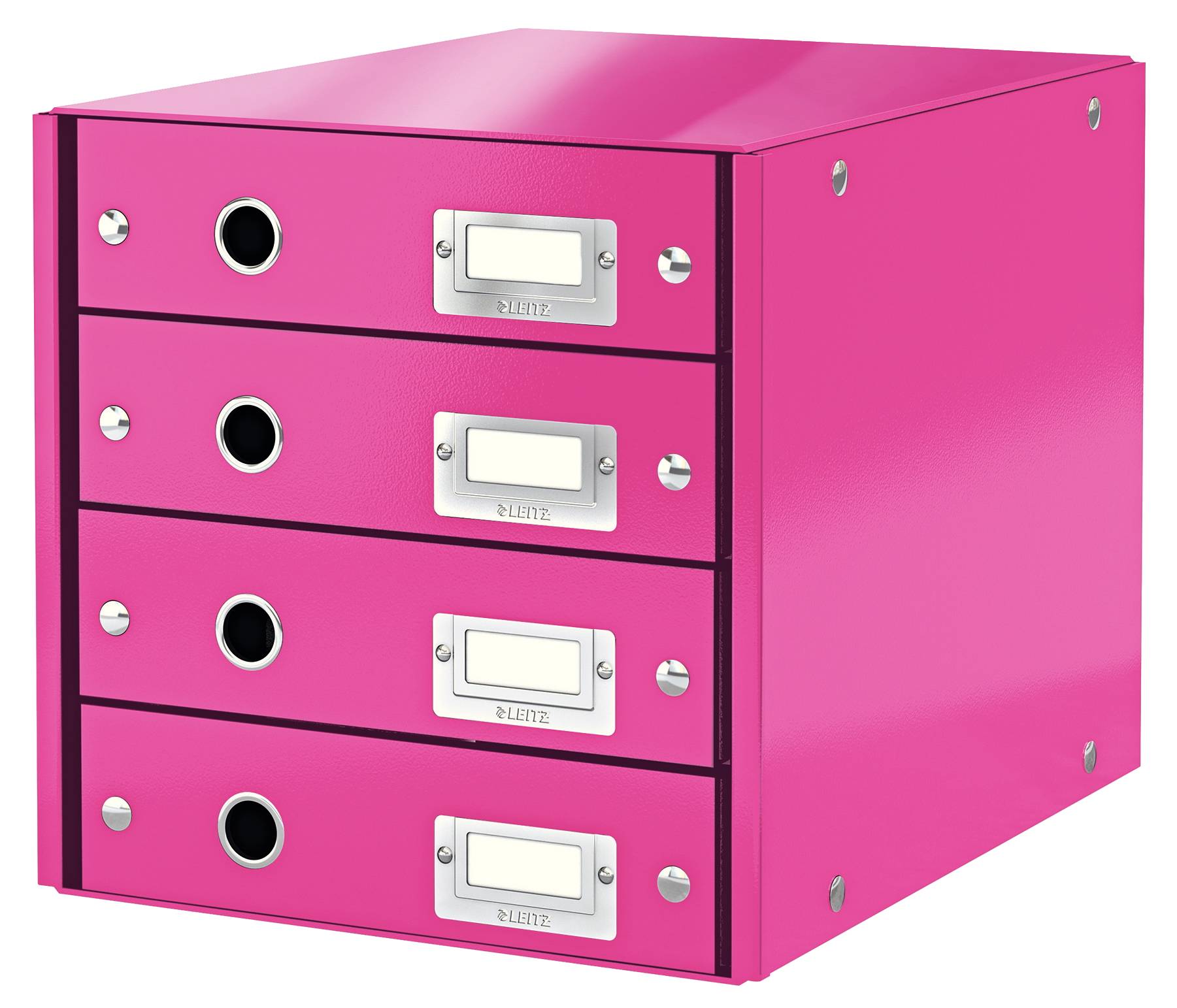 Rosa Vier-Schublade-Lagerkiste oder Dateiorganizer mit kreisförmigen Fingerlöchern und leeren Etikettenhaltern auf jeder Schublade.