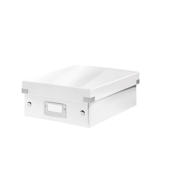 Weißer Aufbewahrungsbox mit Deckel und Etikettenhälter an der Vorderseite auf einem einfachen weißen Hintergrund.
