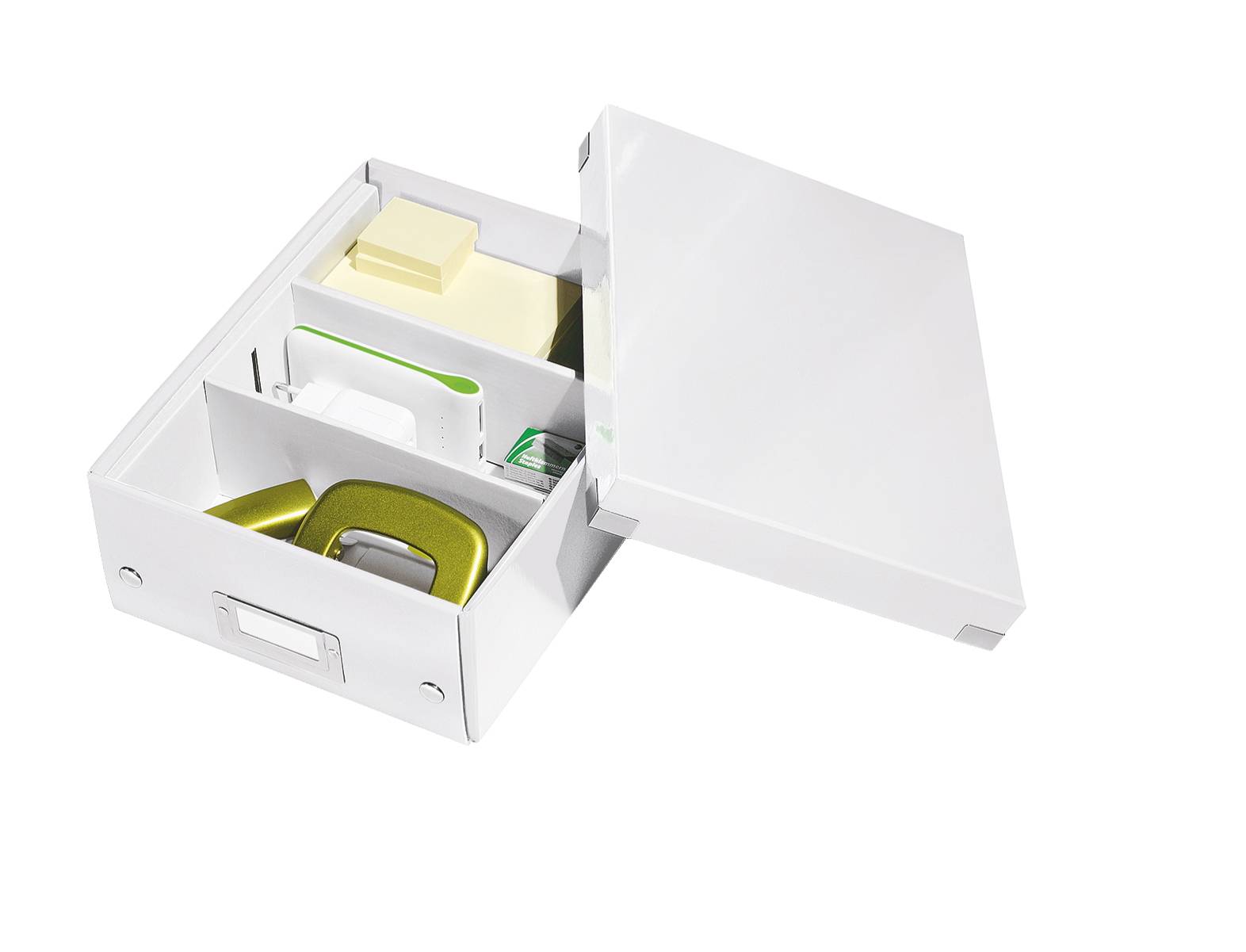 Offene weiße Aufbewahrungsbox mit Deckel, mit verschiedenen Büroartikeln und Ordnern darin