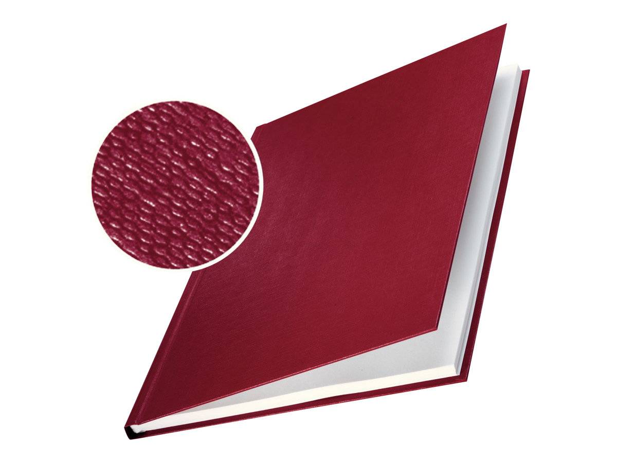 Geschlossenes rotes Hardcover-Buch mit einer strukturierten kreisförmigen Nahaufnahme, die das Einbandmaterial zeigt.