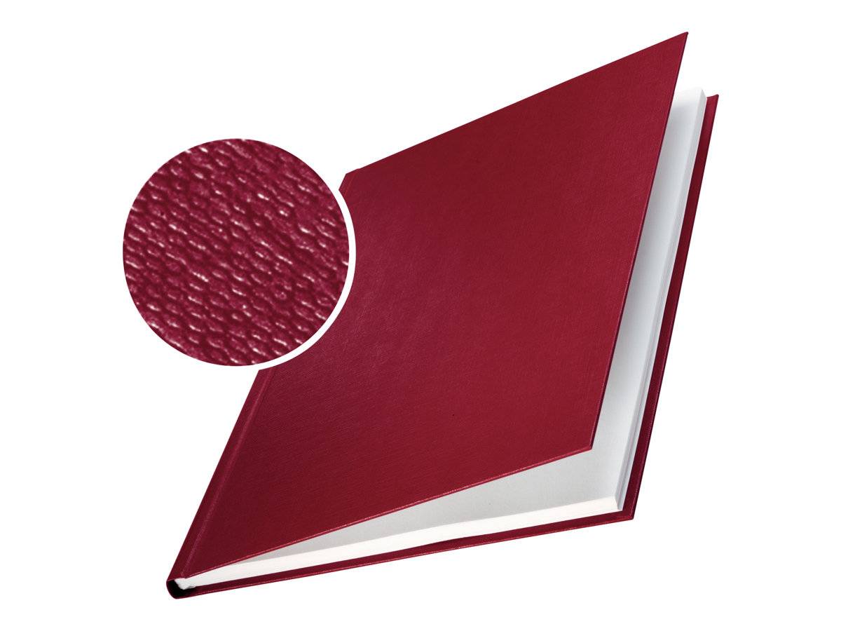 Rotes Hardcover-Buch in Schrägansicht mit kreisförmiger Vergrößerung, die die strukturierte Oberfläche des Einbands hervorhebt.