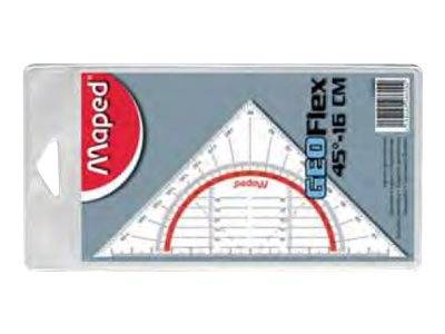 Packung eines Maped Geo Flex 45°-16 cm Dreieckslineals mit roten Winkelmessermarkierungen und transparenter Kunststoffhülle.