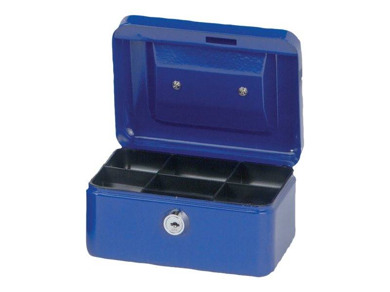 Blaue Metallkassette mit Klappdeckel offen, zeigt geteilte Fachschalen und ein Vorderschloss mit Schlüssel.