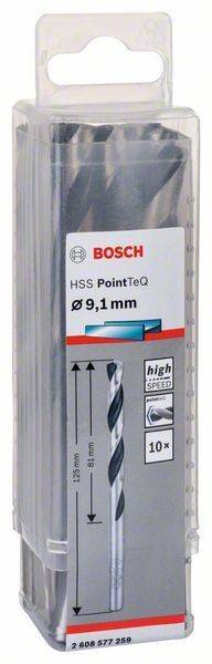 Eine Packung Bosch HSS PointTeQ Spiralbohrer mit 9,1 mm Durchmesser, ausgestattet mit einem Hochgeschwindigkeits-Design und einem Bild einer Bohrersspitze.