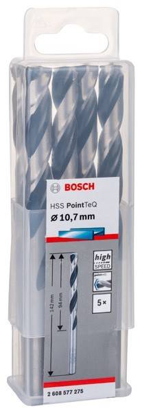Bosch-Bohreretikett mit der Aufschrift 'HSS PointTeQ Ø10,7 mm', aus Schnellarbeitsstahl für präzises Metallbohren.